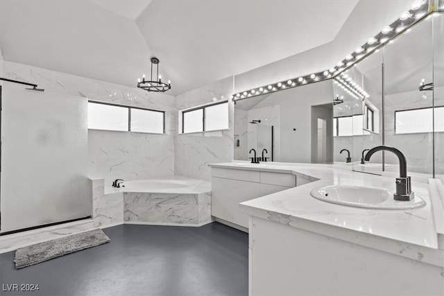 bathroom featuring vanity, a chandelier, concrete flooring, and separate shower and tub