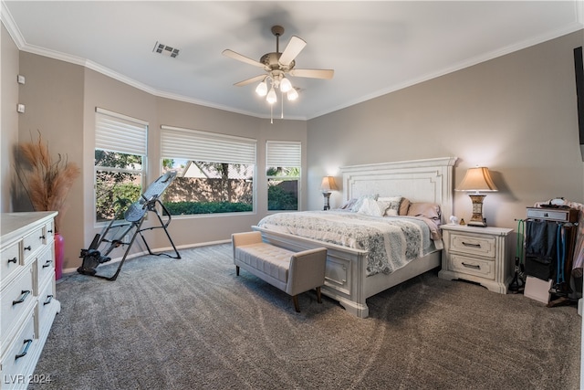 bedroom with a ceiling fan, baseboards, visible vents, ornamental molding, and dark carpet