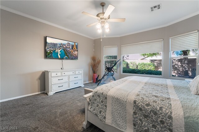 bedroom with visible vents, baseboards, ornamental molding, and carpet flooring