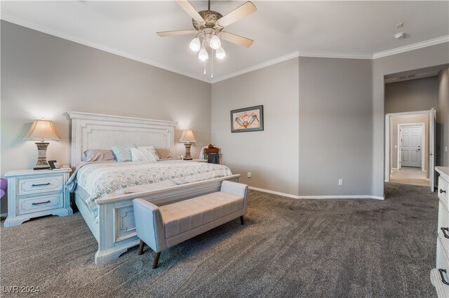 bedroom with ornamental molding, ceiling fan, baseboards, and carpet floors