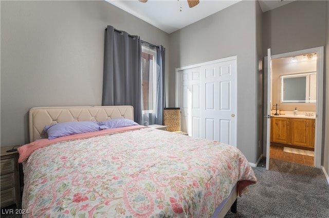 bedroom with a closet, carpet floors, baseboards, and ceiling fan