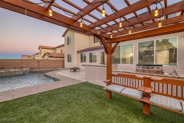 back house at dusk with a lawn, a pergola, a fenced in pool, a patio area, and area for grilling