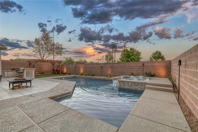 pool at dusk with a pergola, a patio area, and pool water feature