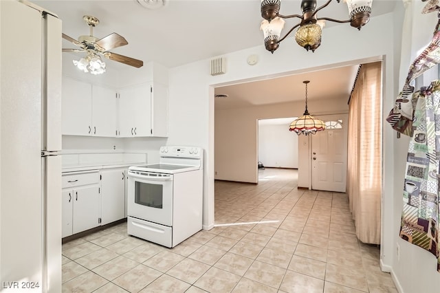 kitchen featuring white cabinets, white appliances, hanging light fixtures, and ceiling fan