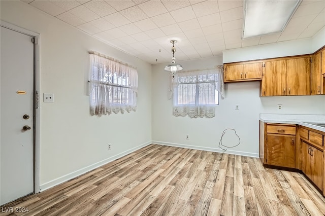 kitchen with pendant lighting and light hardwood / wood-style floors