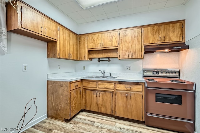 kitchen with electric range, sink, exhaust hood, and light hardwood / wood-style flooring