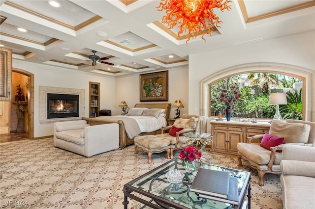 carpeted bedroom featuring beamed ceiling, ornamental molding, and coffered ceiling