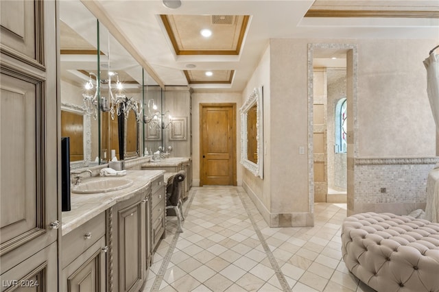 bathroom featuring crown molding, vanity, tile patterned flooring, a shower, and a tray ceiling