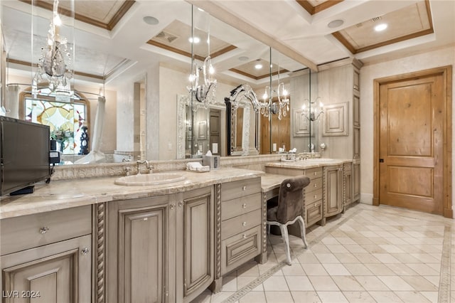 bathroom with tile patterned floors, coffered ceiling, vanity, crown molding, and beam ceiling