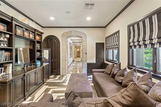 living room featuring ornamental molding