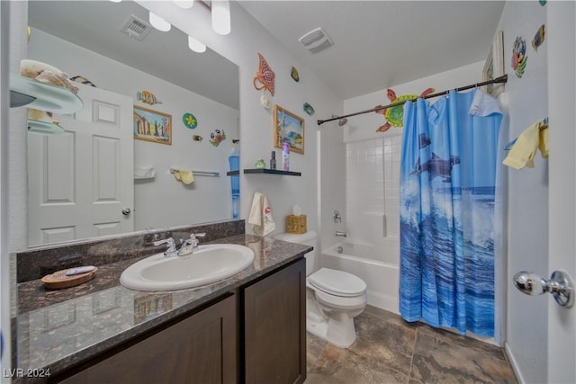 bathroom with visible vents, shower / bath combo with shower curtain, vanity, and toilet