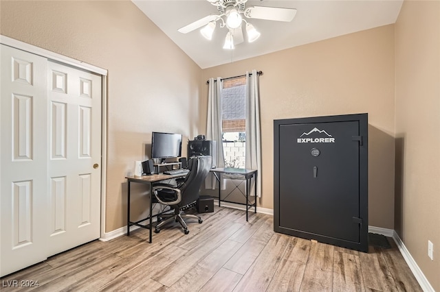 office with ceiling fan, light hardwood / wood-style floors, and lofted ceiling