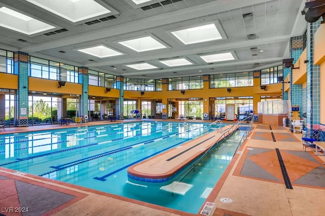 view of pool with a skylight