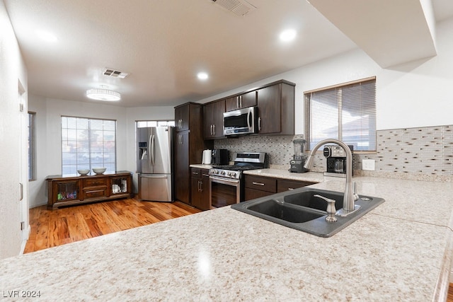 kitchen featuring sink, light wood-type flooring, dark brown cabinetry, and stainless steel appliances