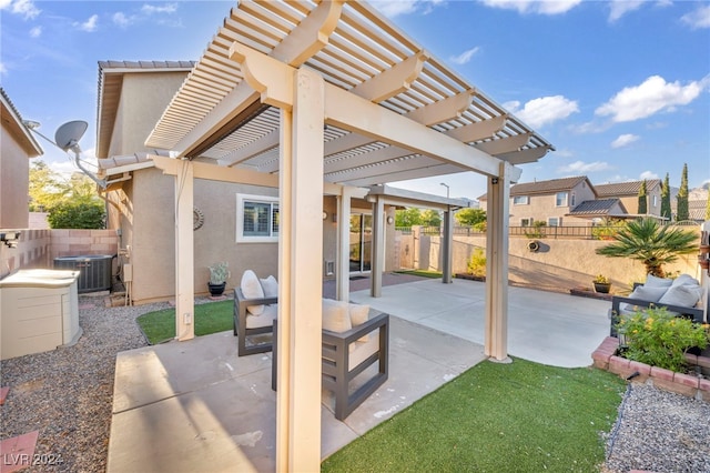 view of patio / terrace with outdoor lounge area, a pergola, and cooling unit