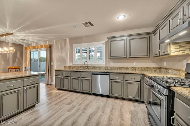 kitchen featuring sink, light wood-type flooring, stainless steel appliances, and hanging light fixtures