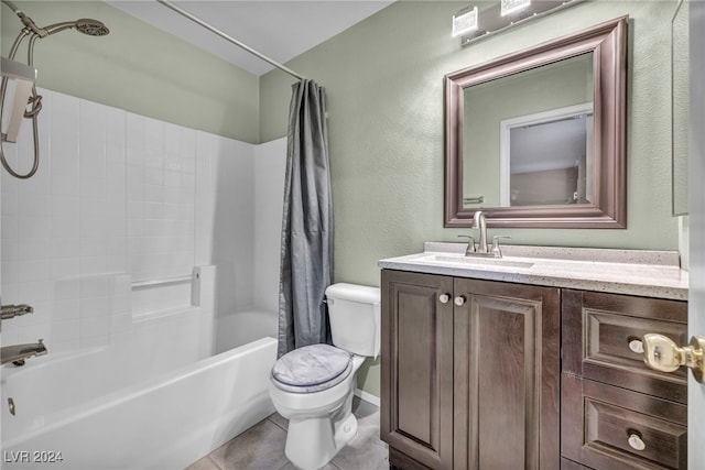 full bathroom featuring tile patterned flooring, vanity, toilet, and shower / tub combo with curtain