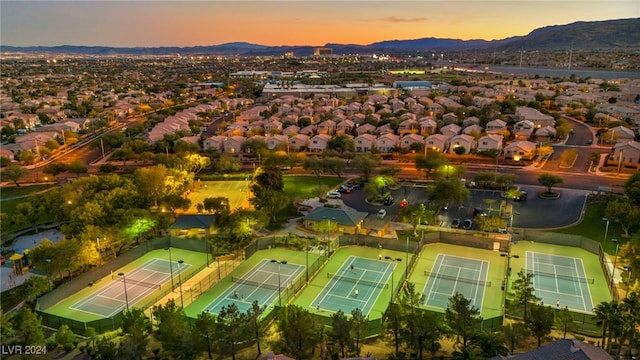 aerial view at dusk with a mountain view