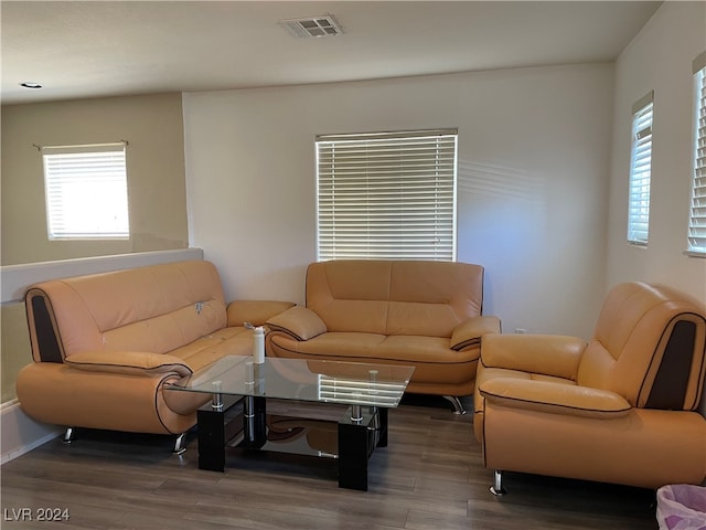 living room with dark hardwood / wood-style flooring