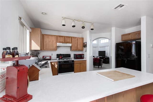 kitchen with kitchen peninsula, sink, and black appliances