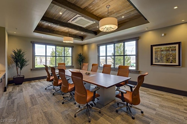 dining room featuring beam ceiling, wooden ceiling, and a tray ceiling