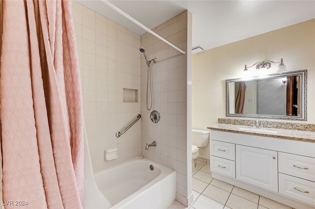 full bathroom featuring tile patterned flooring, vanity, shower / tub combo with curtain, and toilet