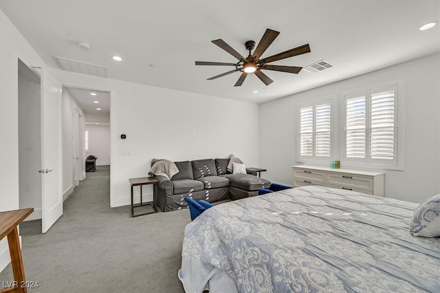 carpeted bedroom featuring ceiling fan