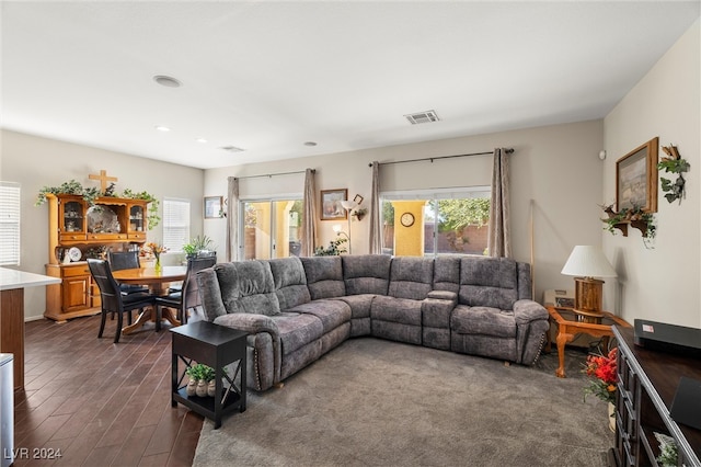 living room with dark hardwood / wood-style flooring