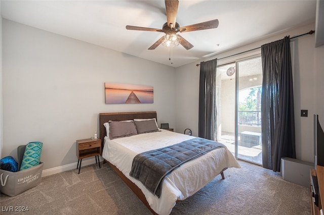 carpeted bedroom featuring access to outside and ceiling fan