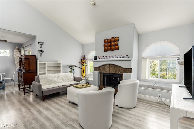 living room with a wealth of natural light, light hardwood / wood-style flooring, and high vaulted ceiling