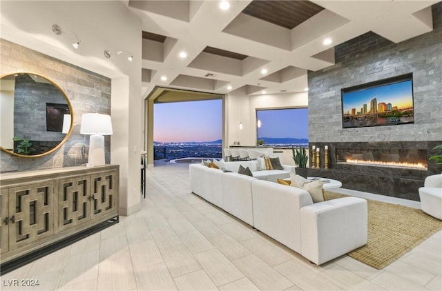 living room with a large fireplace