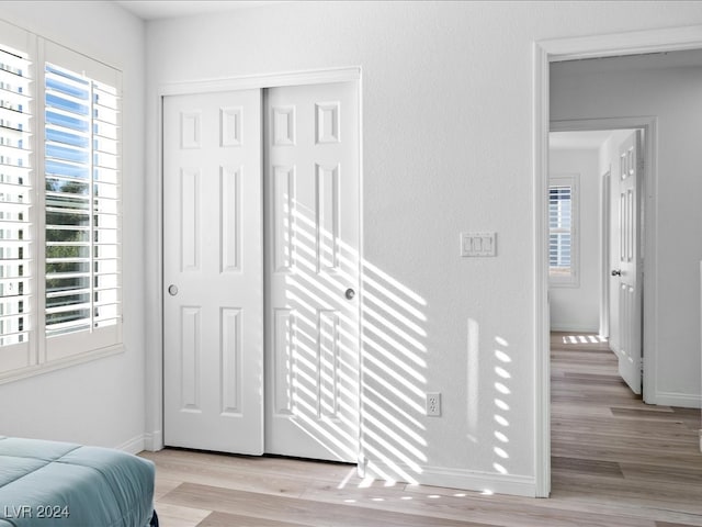 bedroom featuring light wood-type flooring and a closet