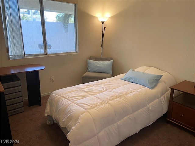 bedroom featuring dark carpet