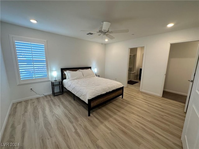 bedroom with light wood finished floors, recessed lighting, visible vents, ceiling fan, and baseboards