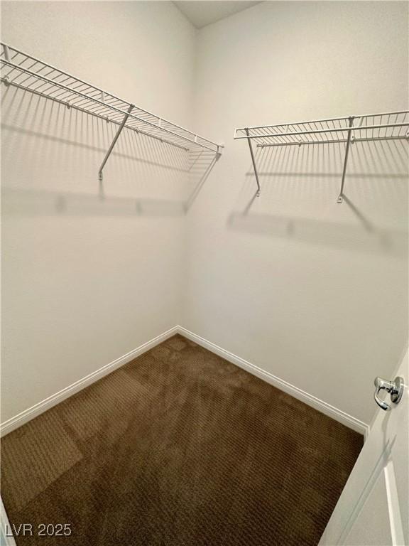 spacious closet featuring dark carpet