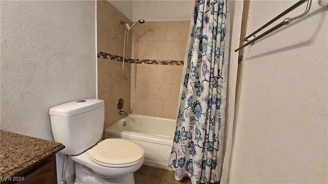 full bathroom with vanity, toilet, and shower / bathtub combination with curtain