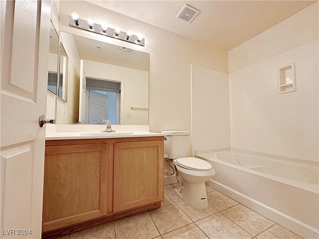 full bath with visible vents, toilet, tile patterned flooring, vanity, and shower / washtub combination