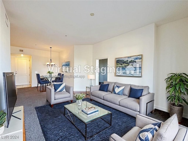 living room featuring baseboards, visible vents, and dark carpet