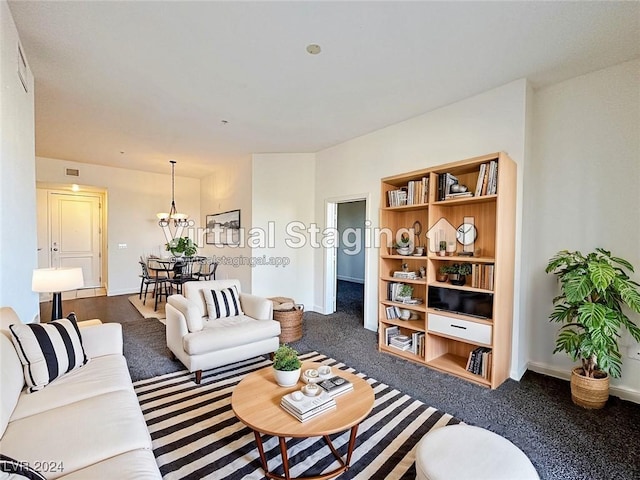 living room with visible vents, baseboards, and dark carpet