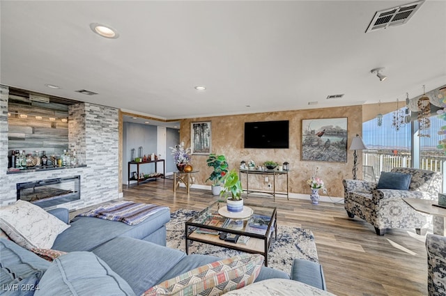 living room featuring a large fireplace and hardwood / wood-style flooring