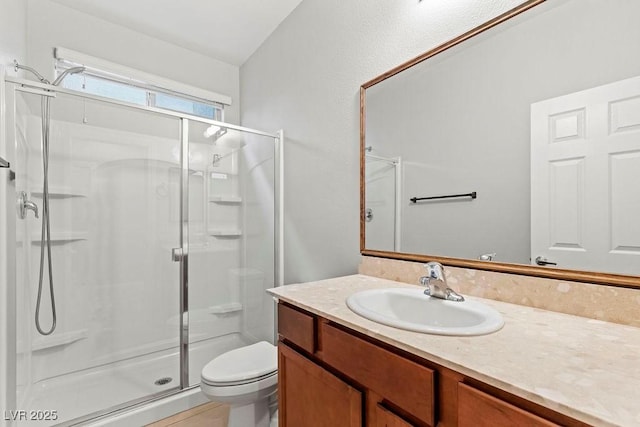 bathroom with vanity, an enclosed shower, and toilet