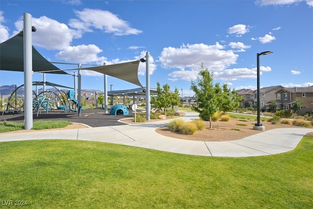 view of play area featuring a lawn