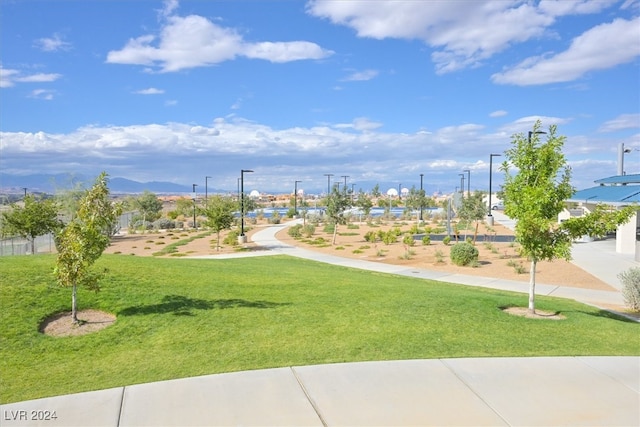 view of property's community with a mountain view and a yard