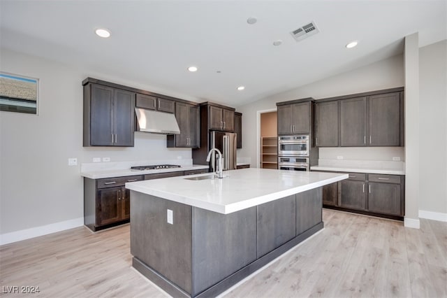 kitchen with lofted ceiling, sink, dark brown cabinets, a kitchen island with sink, and light hardwood / wood-style floors