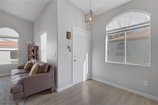 foyer with lofted ceiling and light wood-type flooring