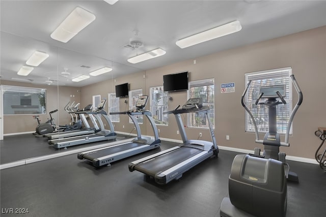 workout area featuring ceiling fan