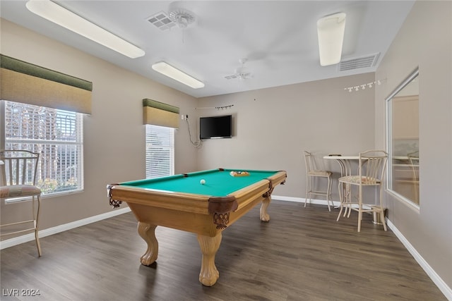 rec room featuring ceiling fan, dark hardwood / wood-style flooring, and billiards