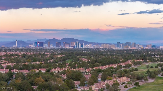 aerial view at dusk with a mountain view