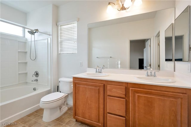 full bathroom featuring vanity, tile patterned floors, shower / bathtub combination, and toilet