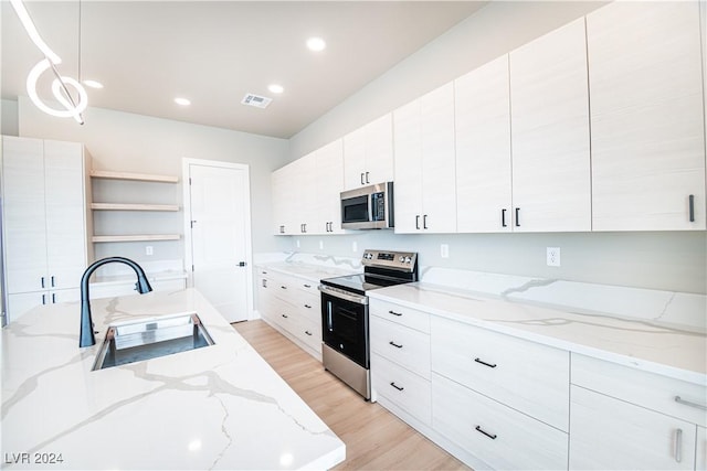 kitchen featuring open shelves, stainless steel appliances, a sink, light wood-style floors, and visible vents